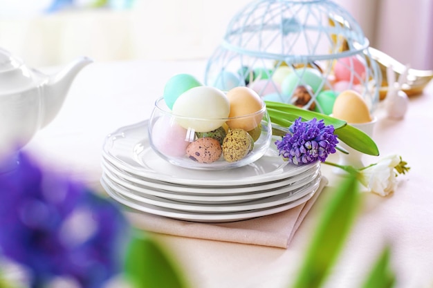 Beautiful Easter table setting on linen tablecloth