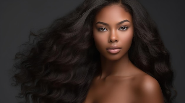 Beautiful ebony african model woman with long hairstyle Care and beauty hair products