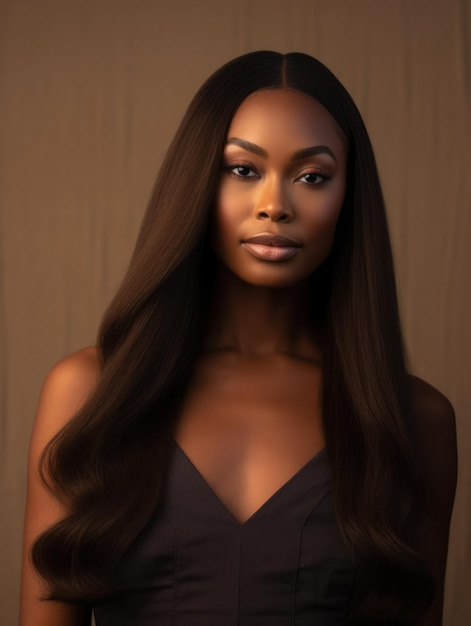 Beautiful ebony african model woman with long hairstyle Care and beauty hair products