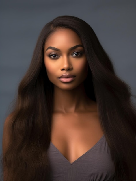 Beautiful ebony african model woman with long hairstyle Care and beauty hair products