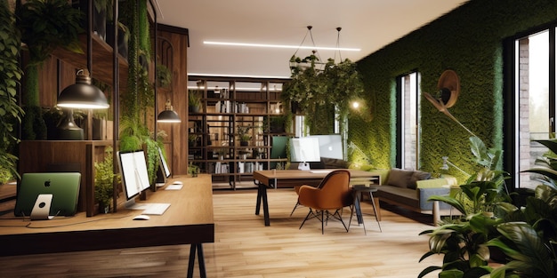 Beautiful eco interior design of spacious room Lots of greenery and wooden elements in the room Generative AI