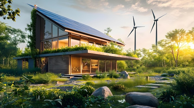 Photo a beautiful ecofriendly house with solar panels on the roof