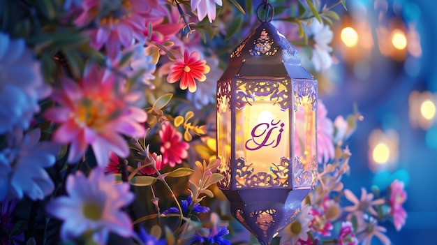 A beautiful Eid lantern with a delicate Eid Mubarak message surrounded by a kaleidoscope of colorful flowers