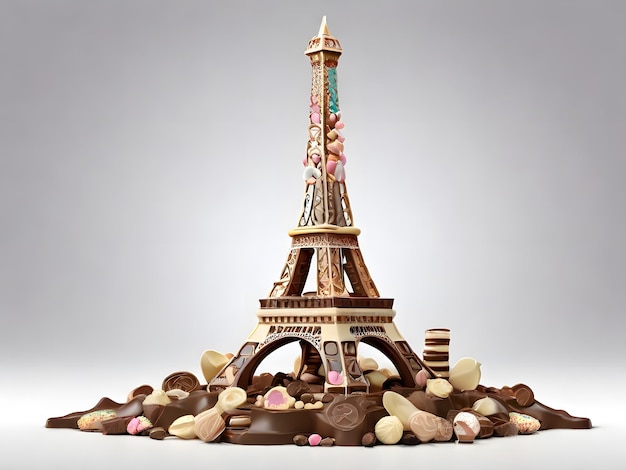 Beautiful Eiffel Tower made by chocolates and different colors on white background