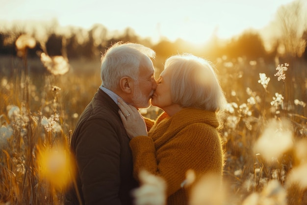 A beautiful elderly couple kisses at sunset in a field of flowers Their love is timeless and captures the essence of romance A heartwarming moment Generative AI