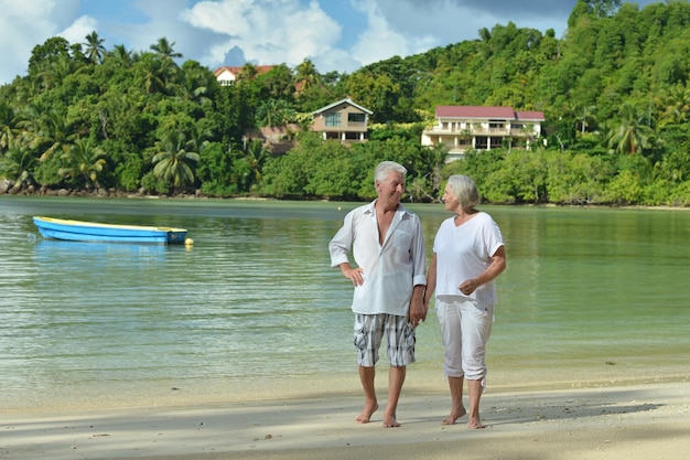 Beautiful elderly couple resting on tropical resort