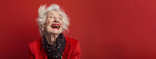 A beautiful elderly woman laughing against a plain red background showcasing fashion