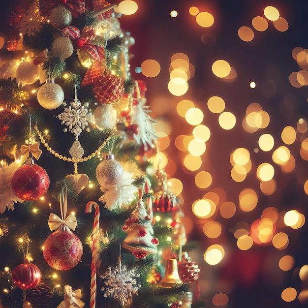 Beautiful elegant Christmas tree with Golden balls and gifts on defocused warm evening Generative AI