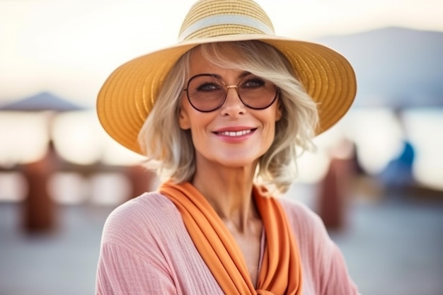 beautiful and elegant old influencer woman Cool grandmother posing in studio wearing fashionable cl