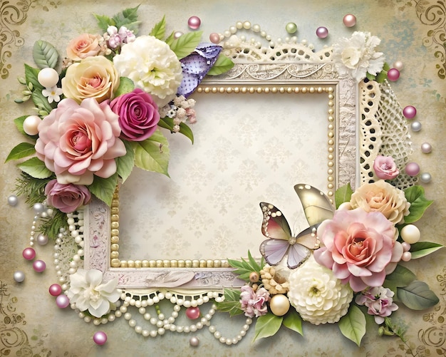 Beautiful elegant photo frame with flowers pearls card background generated by AI