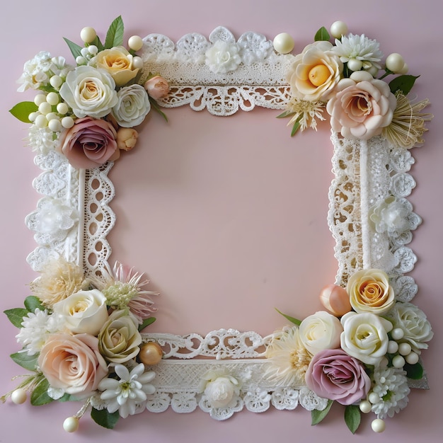 Beautiful elegant photo frame with flowers pearls card background generated by AI