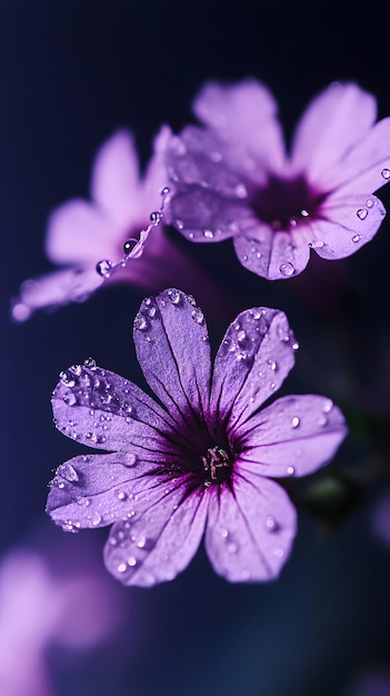 Photo beautiful elegant purple color flowers and waterdrops on purple color background dark theme wallpa