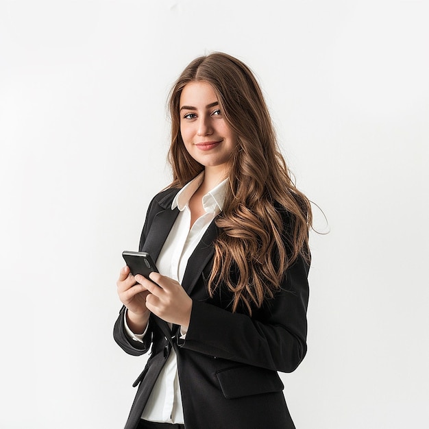 Photo beautiful elegant young business women wearing stylish suit with phone