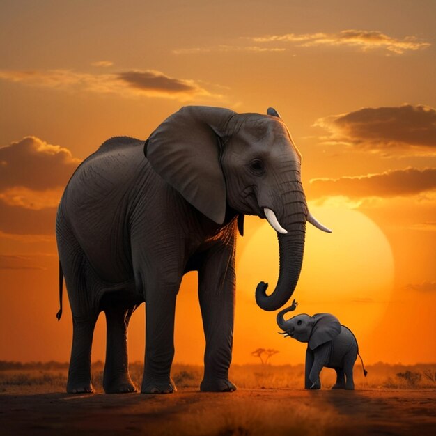 A beautiful elephant and baby elephant standing in front of a sunset