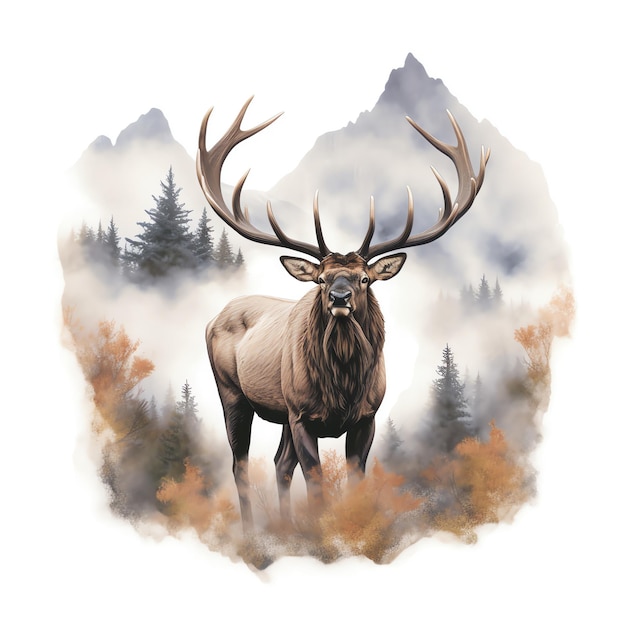 beautiful elk in the forest surrounded by trees in a watercolor style