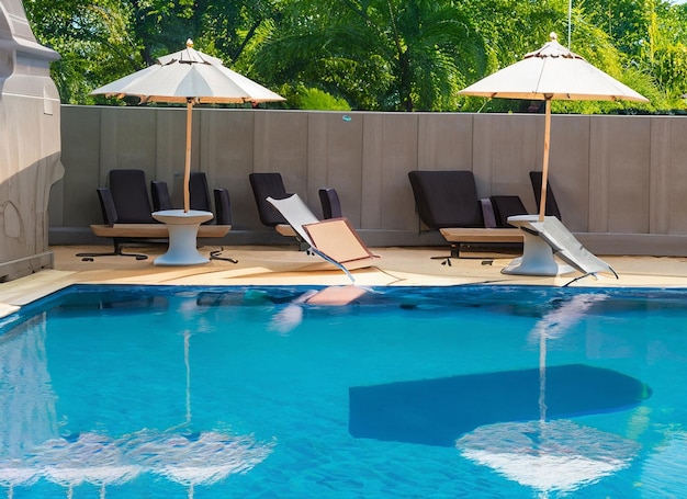 Beautiful empty chair with umbrella around outdoor swimming pool in hotel resort for vacation travel