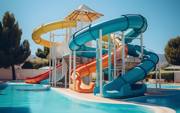 Beautiful empty water park with colorful water slides