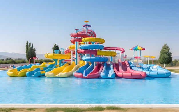 Beautiful empty water park with colorful water slides