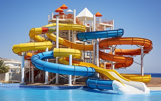 Beautiful empty water park with colorful water slides