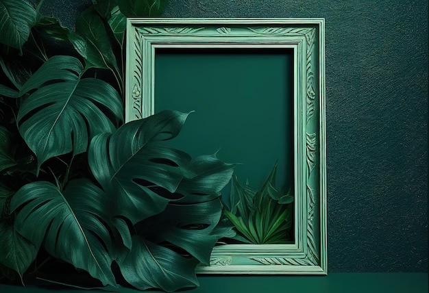 Beautiful empty wooden frame on green wall room back illustration Ai generative