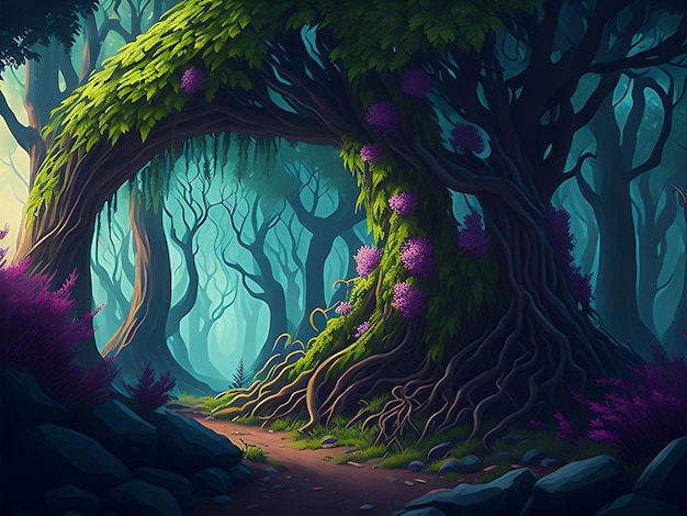 A beautiful enchanted forest with big fairytale trees and great vegetation Ai generated