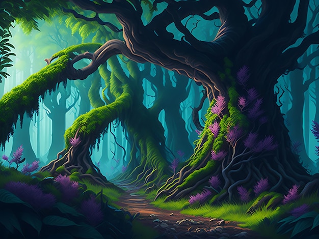 A beautiful enchanted forest with big fairytale trees and great vegetation Ai generated