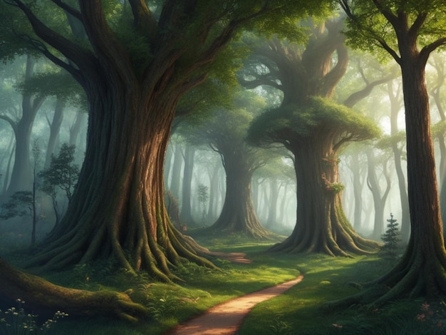 A beautiful enchanted forest with big fairytale trees and great vegetation digital painting backgrou