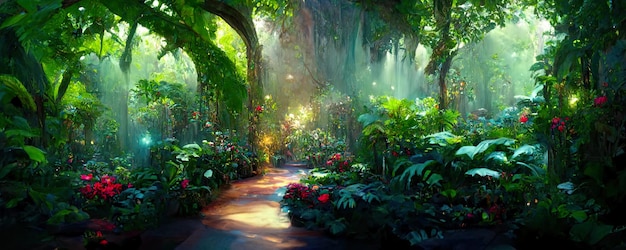 A beautiful enchanted forest with big fairytale trees and great vegetation Digital Painting Background Illustration