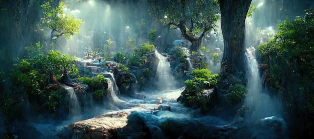 A beautiful enchanted forest with big fairytale trees waterfall and great vegetation Digital Painting Background Illustration