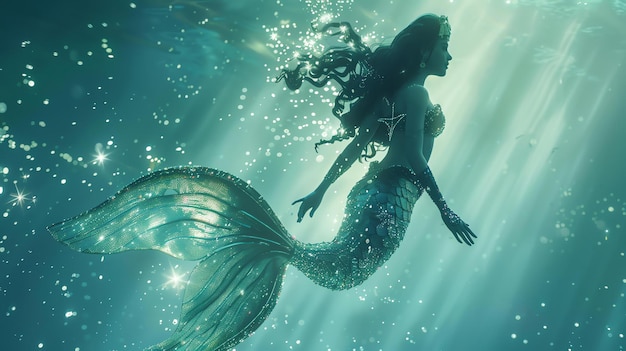 A beautiful and enchanting mermaid swims gracefully through the ocean depths