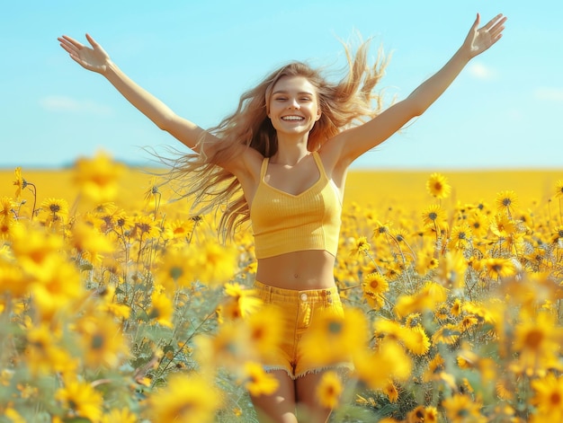 a beautiful energetic and enthusiastic European American teenage in a sunflower garden