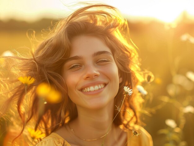 a beautiful energetic and happy young girl celebrates the freedom of playing in a flower garden