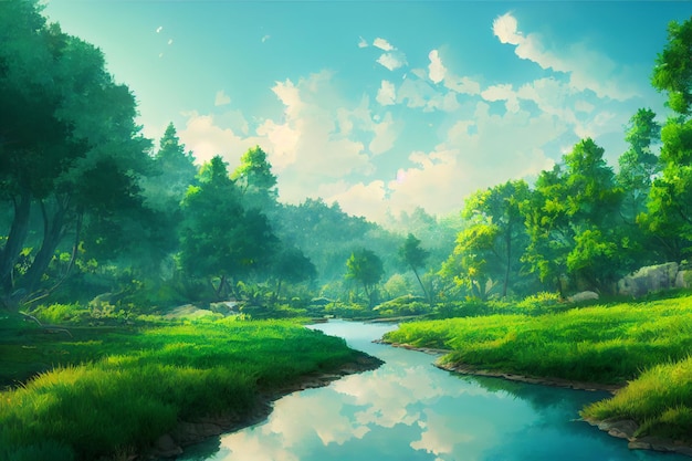 Beautiful Environment Nature Illustration in Anime Art Style Background Image