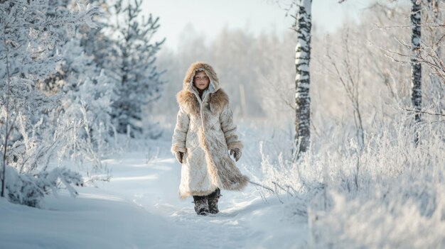 Photo beautiful eskimo or inuit girl in traditional clothes national costume on snowy landscape setting