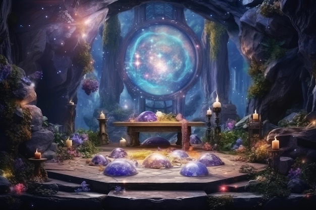 Beautiful esoteric and mystical altar for meditation with crystals and semiprecious stones Zen Temple Generative AI