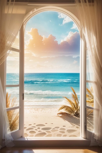 beautiful esthetic beach scene through window