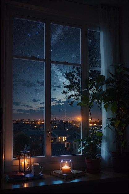 beautiful esthetic night scene through window