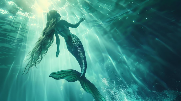 A beautiful ethereal mermaid with long flowing hair swims gracefully in the sunlit depths of the ocean