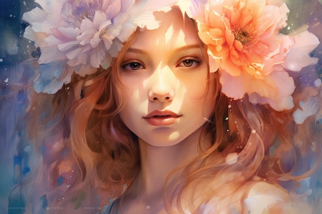 Beautiful Ethereal Portrait of a flower girl beautiful Generative AI AIG32