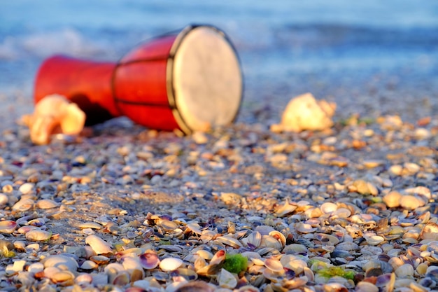 Beautiful ethnic drum with seashells on the beach on sunrise background