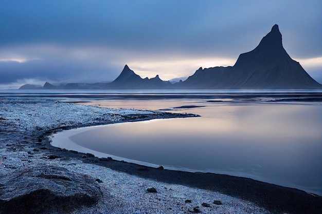 Beautiful evening landscape of sandy iceland beach and dark sharp cliffs