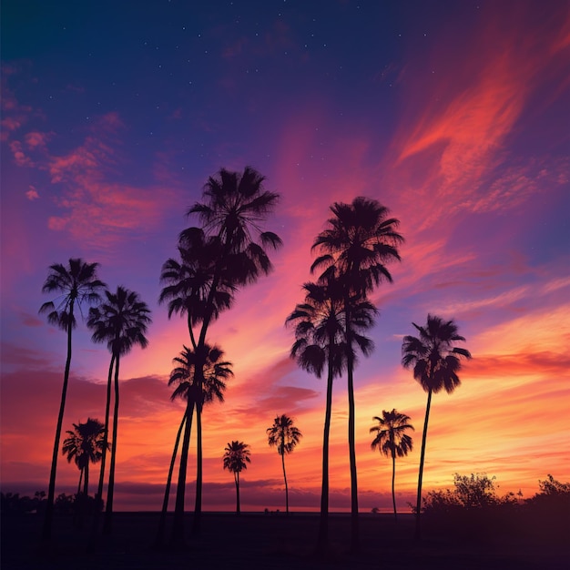 beautiful evening sky backgroung with charming date palm silhouettes