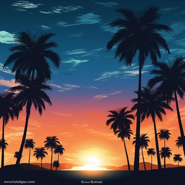 beautiful evening sky backgroung with charming date palm silhouettes