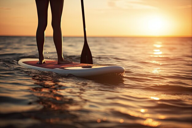 Photo beautiful evening stand up paddle boarding on quiet sea at sunset close up shot of female