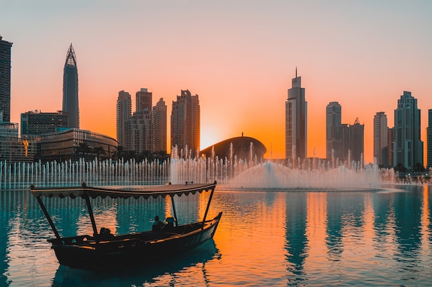 Beautiful evening view of the modern business district of Dubai.