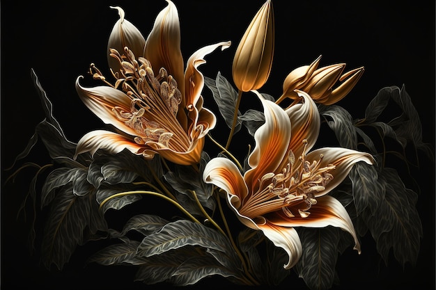 Beautiful exotic black lilies Luxurious flowers and dark ink patterns