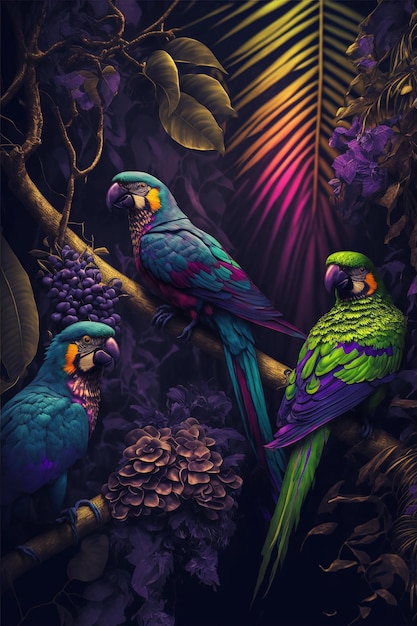 Beautiful exotic parrots in jungle, decorative art