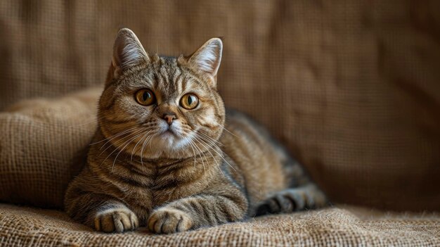 A Beautiful Exotic Shorthair Cat Lies On The Brown Background Of The Studio Looking Regal