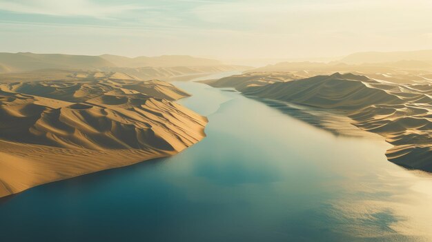 A beautiful expansive view of a calm river winding through vast desert landscapes bathed in golden sunlight under a clear sky epitomizing natural tranquility