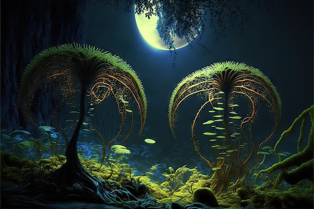 Beautiful extraterrestrial ferns on alien planet created with generative ai